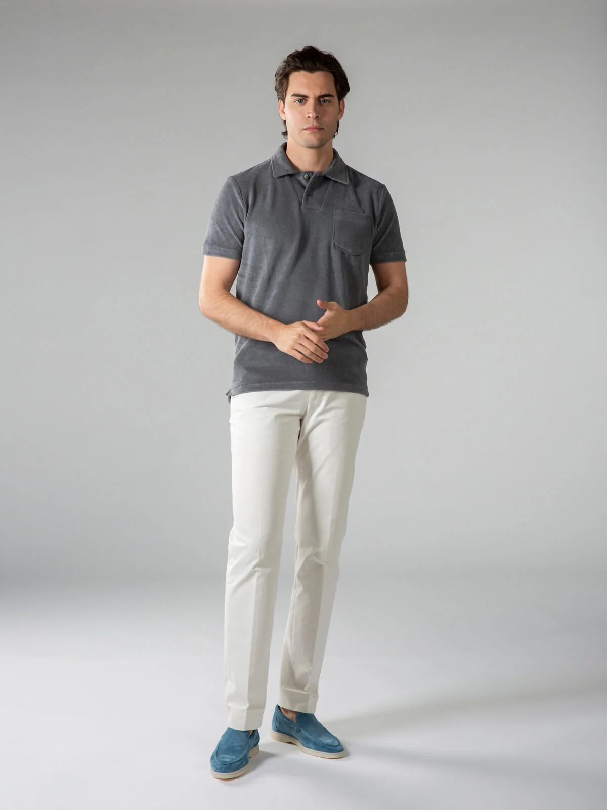 Dark Grey Terry Towelling Polo Shirt - Image 7