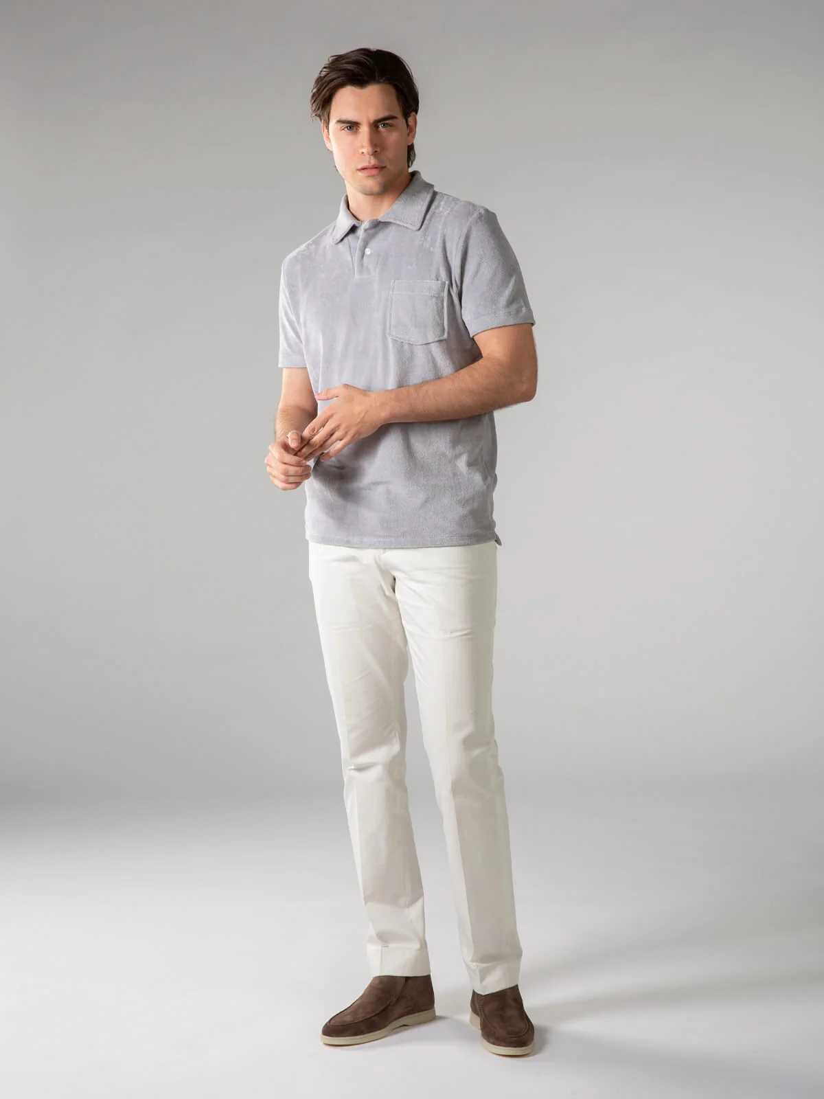 Light Grey Terry Towelling Polo Shirt - Image 6