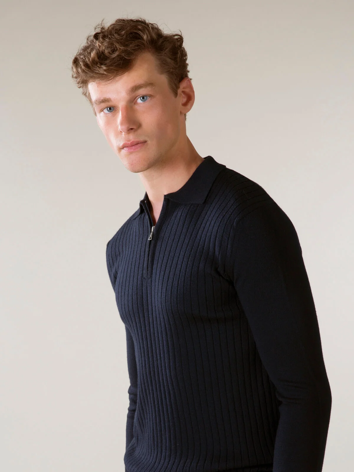 Ribbed Zipper Polo Navy - Image 5